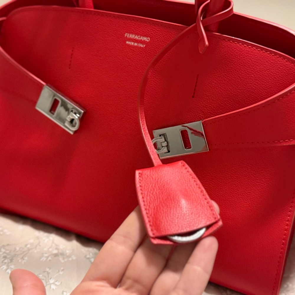 Salvatore Ferragamo Red Leather Satchel with Silver Hardware